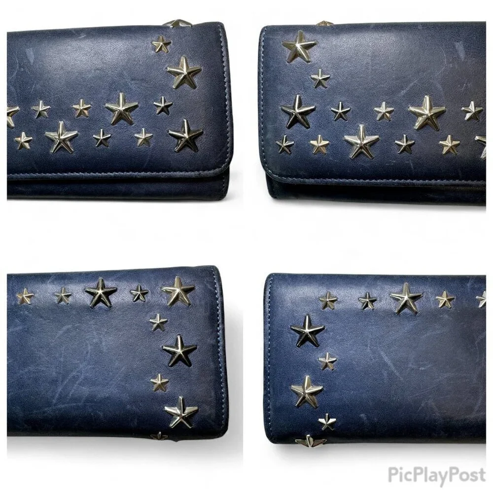 Jimmy Choo Navy Blue Long Leather Wallet with Silver Star Studs